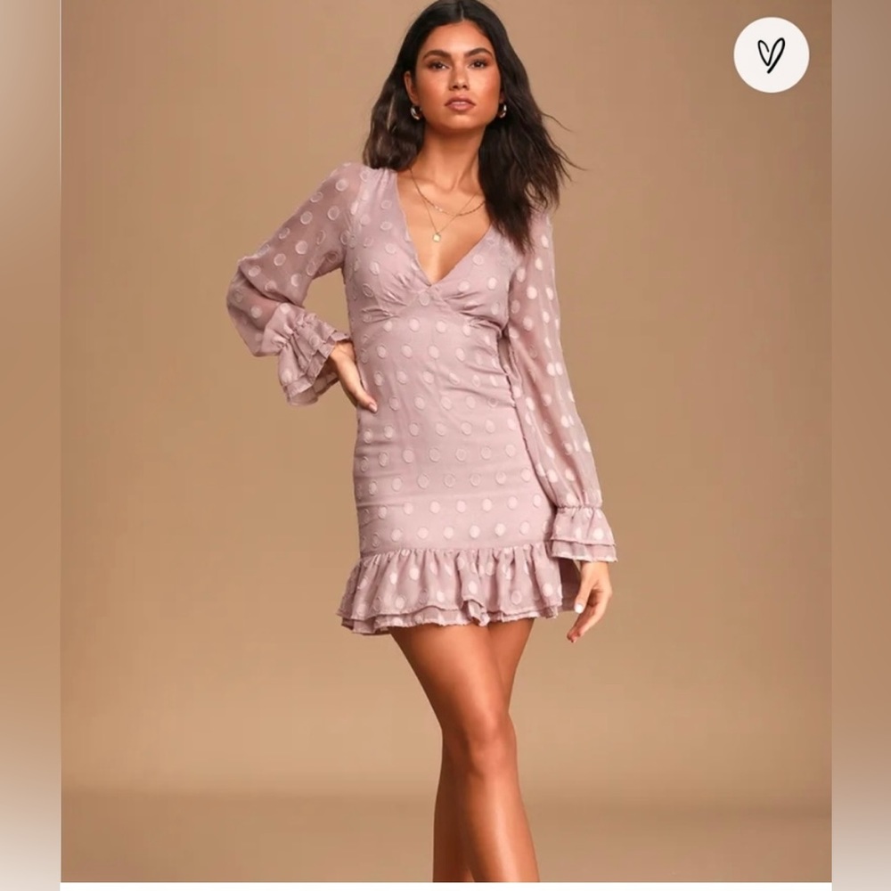 Lulu's Just Spotted Dusty Mauve Polka Dot Jacquard Ruffled Mini Dress